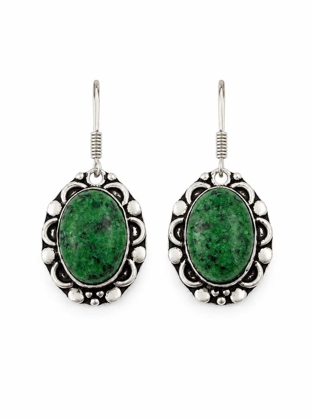 925 Sterling Silver Green Cabochon Dangle Earrings Southwestern Boho